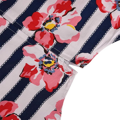 Girls Striped Floral Printed Cotton Dress with Waist Flower Belt ctn313