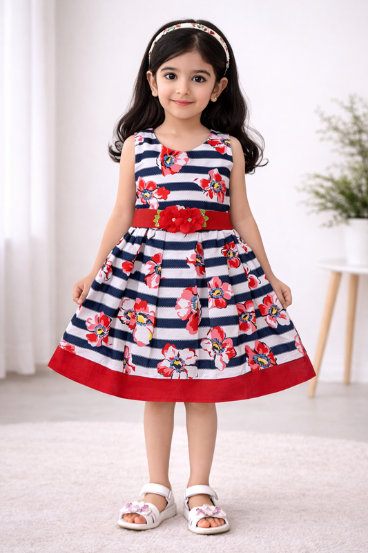 Girls Striped Floral Printed Cotton Dress with Waist Flower Belt ctn313