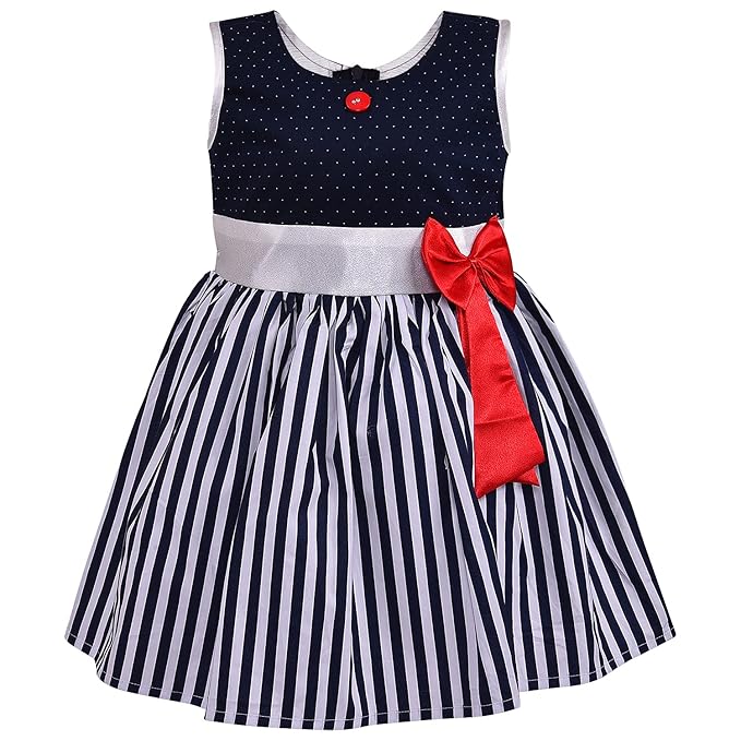 Girls Polka Dot & Striped Cotton Party Wear Dress with Bow Detail ctn317
