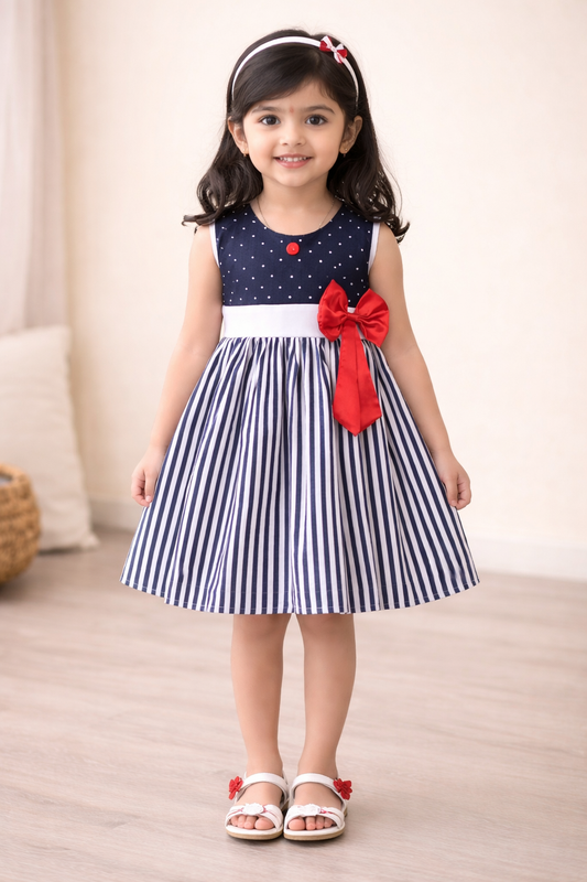 Girls Polka Dot & Striped Cotton Party Wear Dress with Bow Detail ctn317