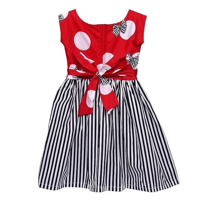 Girls Polka Dot & Striped Cotton Party Wear Dress with Bow Detail ctn317