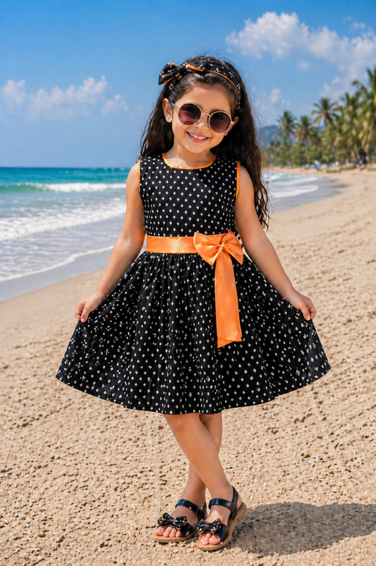Girls Printed Cotton Party Wear Dress with Contrast Waist Bow - Wish Karo