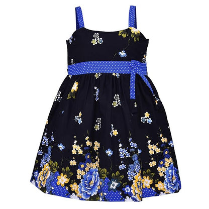 Girls Black Floral Printed Cotton Dress with Purple Polka Dot Waist Belt