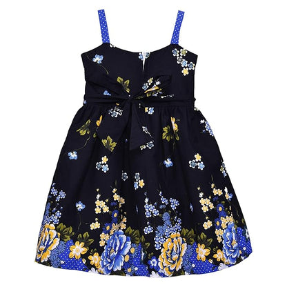 Girls Black Floral Printed Cotton Dress with Purple Polka Dot Waist Belt