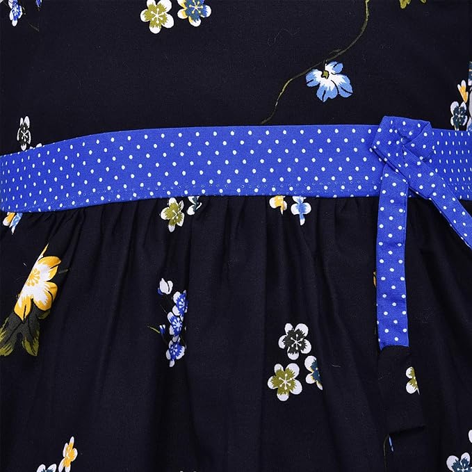 Girls Black Floral Printed Cotton Dress with Purple Polka Dot Waist Belt