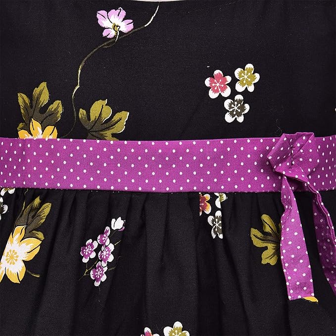 Girls Black Floral Printed Cotton Dress with Purple Polka Dot Waist Belt