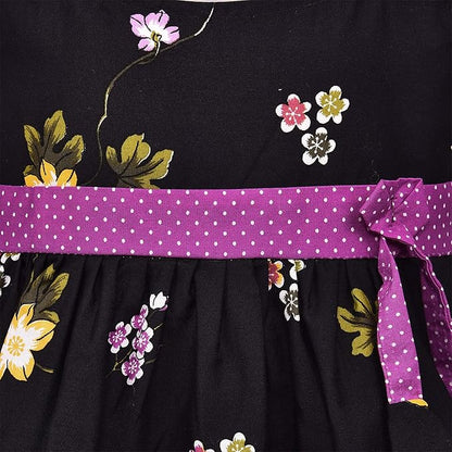 Girls Black Floral Printed Cotton Dress with Purple Polka Dot Waist Belt