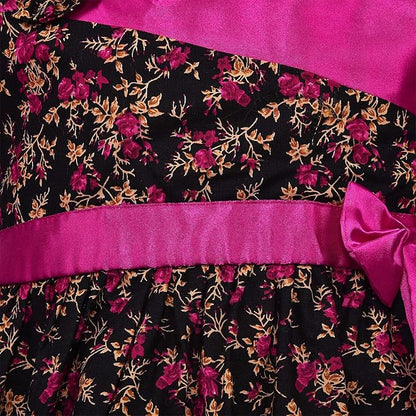 Girls Floral Printed Cotton Party Wear Dress with Contrast Yoke & Bow
