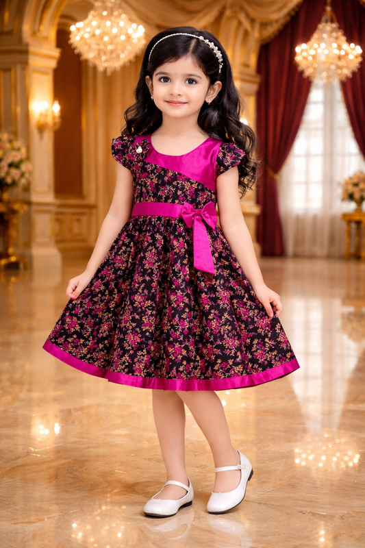 Girls Floral Printed Cotton Party Wear Dress with Contrast Yoke & Bow - Wish Karo