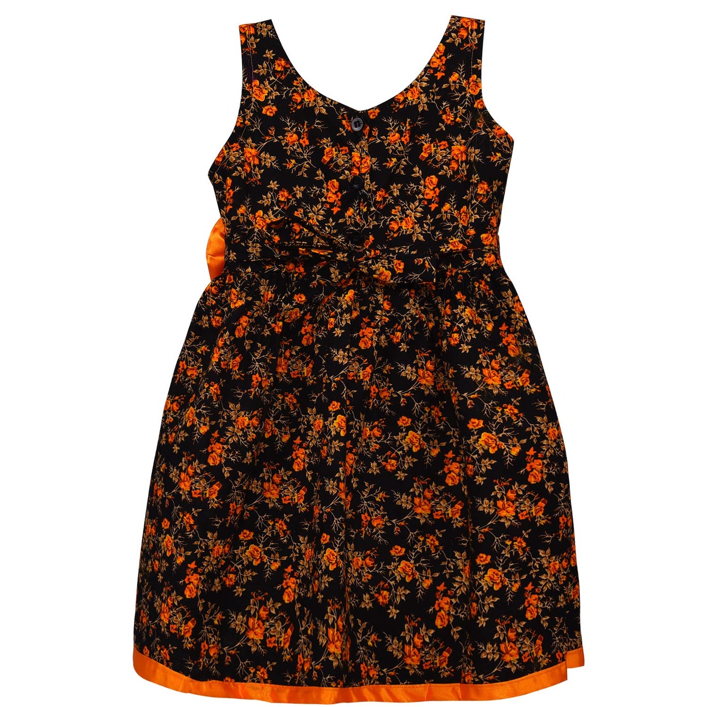 Girls Floral Printed Cotton Party Wear Dress with Contrast Yoke & Bow