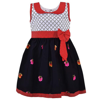 Girls Floral Printed Cotton Dress with Polka Dot Waist Bow ctn351
