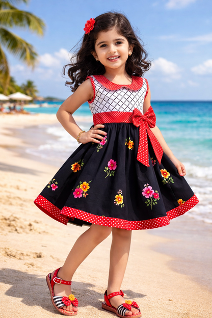 Girls Floral Printed Cotton Dress with Polka Dot Waist Bow ctn351