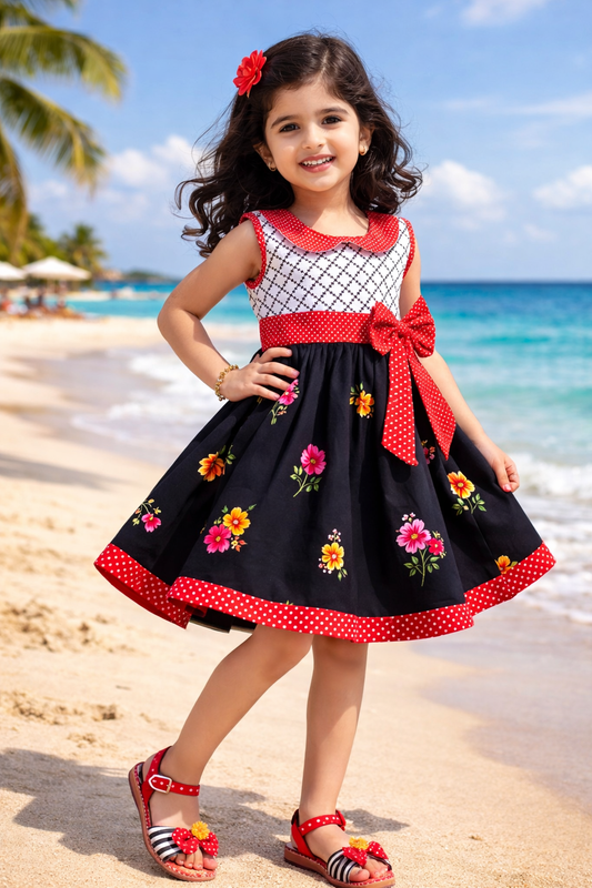 Girls Floral Printed Cotton Dress with Polka Dot Waist Bow ctn351