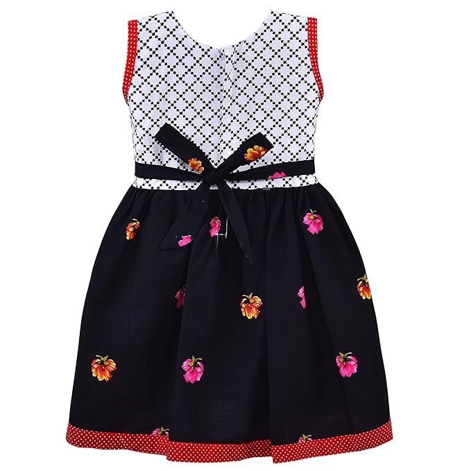 Girls Floral Printed Cotton Dress with Polka Dot Waist Bow ctn351