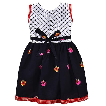 Girls Floral Printed Cotton Dress with Polka Dot Waist Bow ctn351