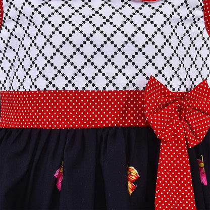 Girls Floral Printed Cotton Dress with Polka Dot Waist Bow ctn351