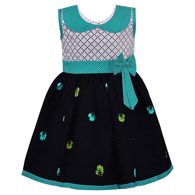 Girls Floral Printed Cotton Dress with Polka Dot Waist Bow ctn351