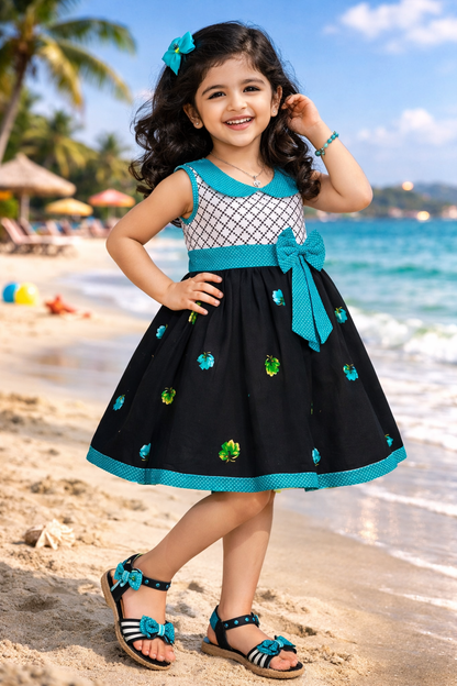 Girls Floral Printed Cotton Dress with Polka Dot Waist Bow ctn351
