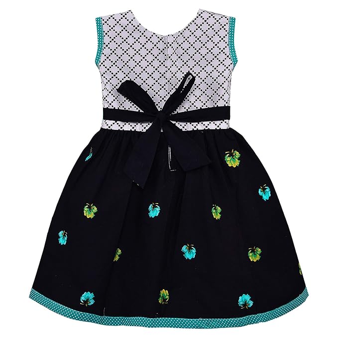 Girls Floral Printed Cotton Dress with Polka Dot Waist Bow ctn351