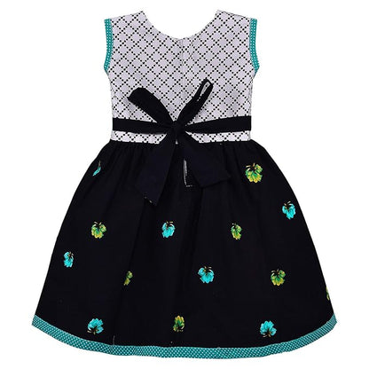 Girls Floral Printed Cotton Dress with Polka Dot Waist Bow ctn351