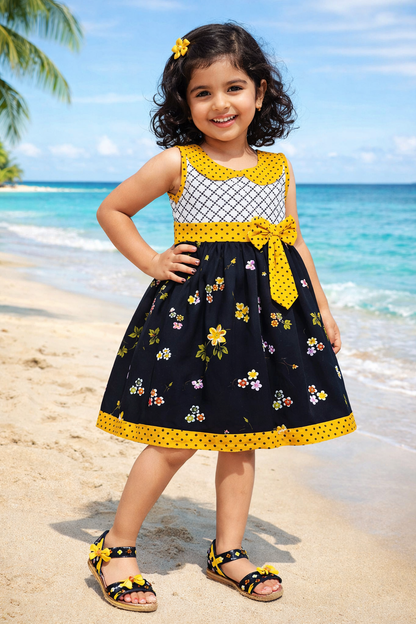 Girls Floral Printed Cotton Dress with Polka Dot Waist Bow ctn351