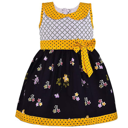 Girls Floral Printed Cotton Dress with Polka Dot Waist Bow ctn351
