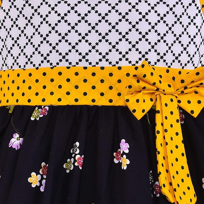Girls Floral Printed Cotton Dress with Polka Dot Waist Bow ctn351