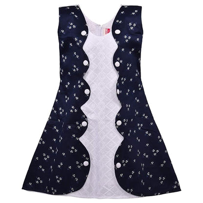 Girls Printed Cotton Dress with Contrast Panel & Button Detailing