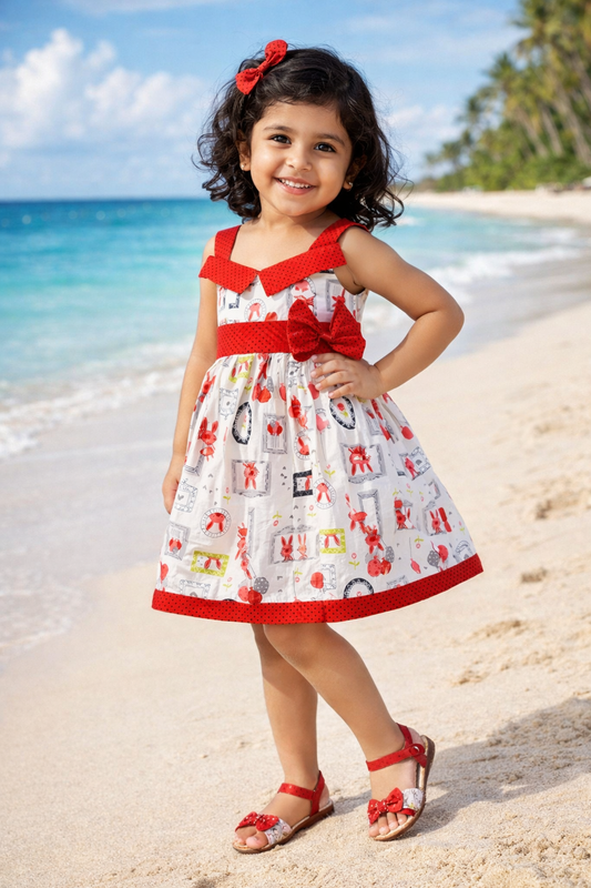 Girls Printed Cotton Dress with Polka Dot Off-Shoulder Detail & Bow - Wish Karo