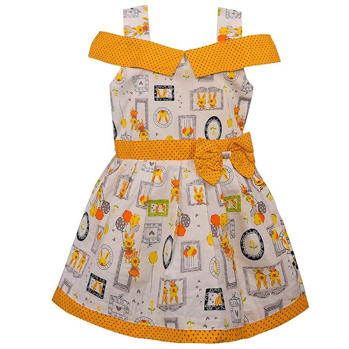 Girls Printed Cotton Dress with Polka Dot Off-Shoulder Detail & Bow