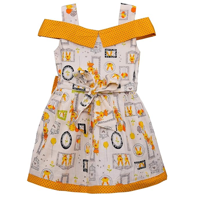Girls Printed Cotton Dress with Polka Dot Off-Shoulder Detail & Bow