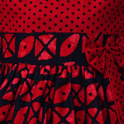 Girls Printed Cotton Dress with Polka Dot Bow Detail