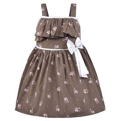 Girls Floral Printed Cotton Dress with Ruffle Neck & White Bow ctn385