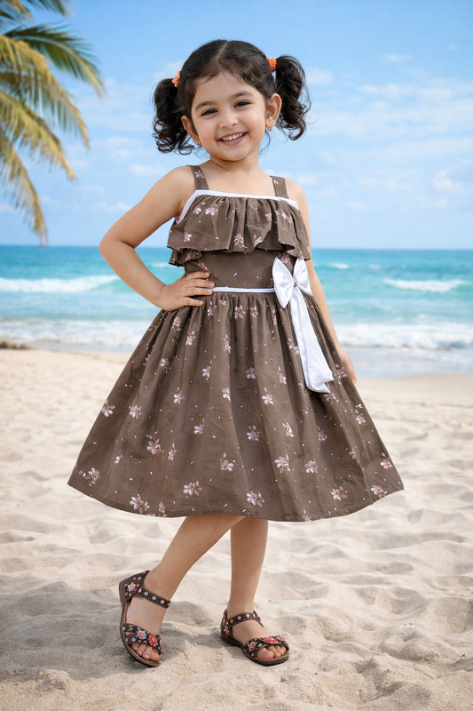 Girls Floral Printed Cotton Dress with Ruffle Neck & White Bow ctn385