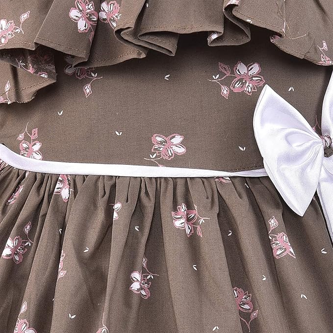 Girls Floral Printed Cotton Dress with Ruffle Neck & White Bow ctn385