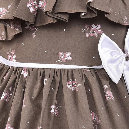 Girls Floral Printed Cotton Dress with Ruffle Neck & White Bow ctn385