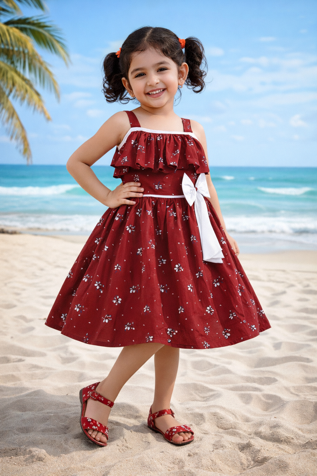 Girls Floral Printed Cotton Dress with Ruffle Neck & White Bow ctn385