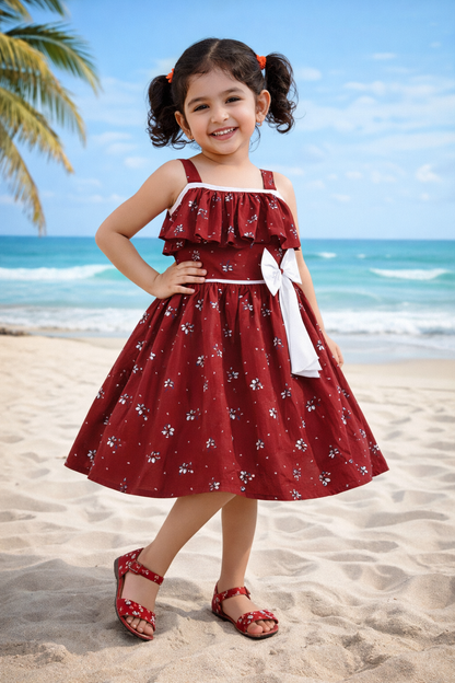 Girls Floral Printed Cotton Dress with Ruffle Neck & White Bow ctn385