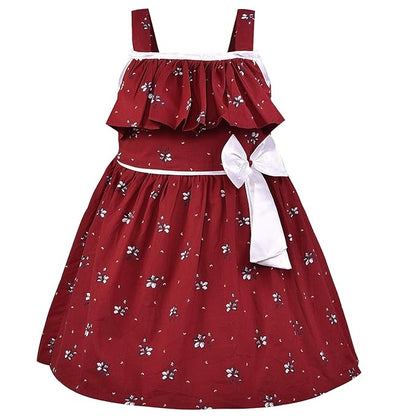 Girls Floral Printed Cotton Dress with Ruffle Neck & White Bow ctn385