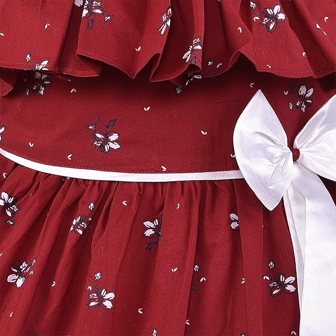 Girls Floral Printed Cotton Dress with Ruffle Neck & White Bow ctn385