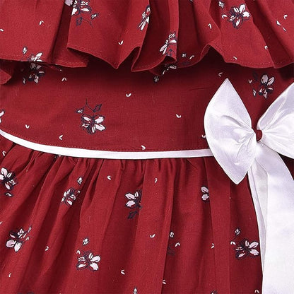 Girls Floral Printed Cotton Dress with Ruffle Neck & White Bow ctn385