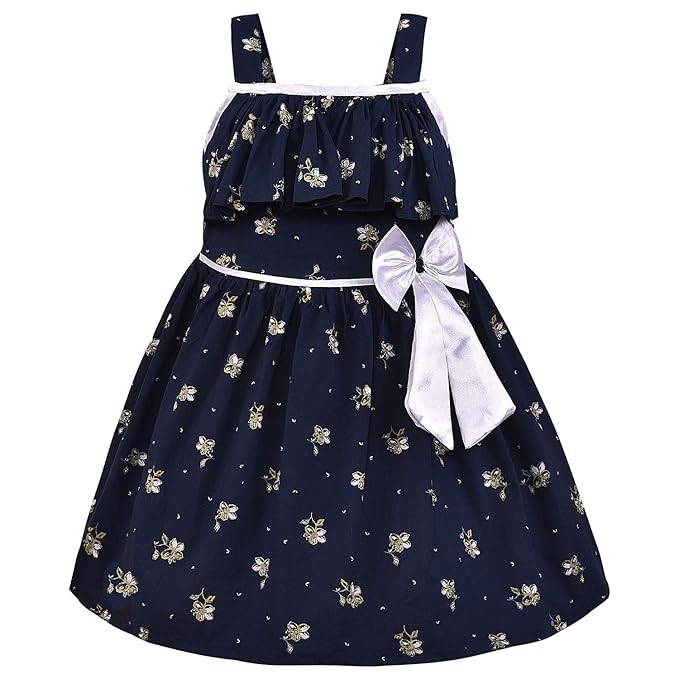 Girls Floral Printed Cotton Dress with Ruffle Neck & White Bow ctn385