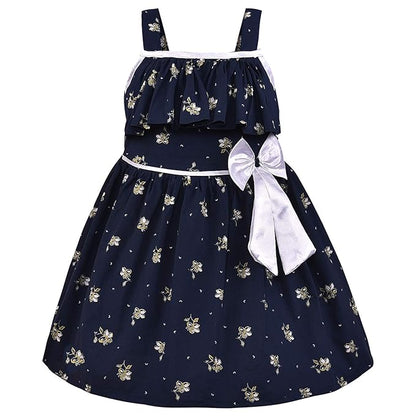 Girls Floral Printed Cotton Dress with Ruffle Neck & White Bow ctn385