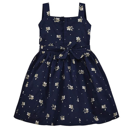 Girls Floral Printed Cotton Dress with Ruffle Neck & White Bow ctn385