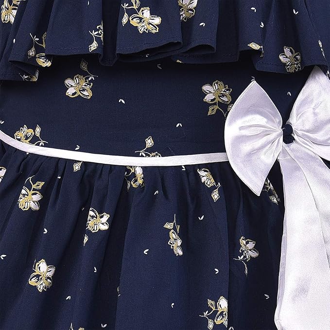 Girls Floral Printed Cotton Dress with Ruffle Neck & White Bow ctn385