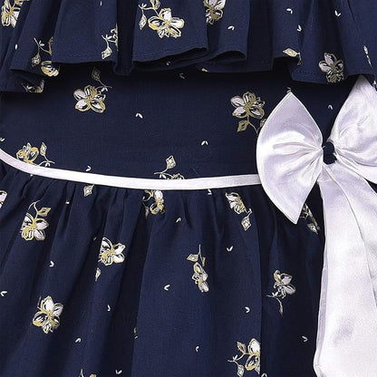 Girls Floral Printed Cotton Dress with Ruffle Neck & White Bow ctn385