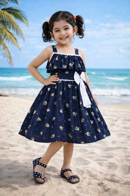 Girls Floral Printed Cotton Dress with Ruffle Neck & White Bow ctn385