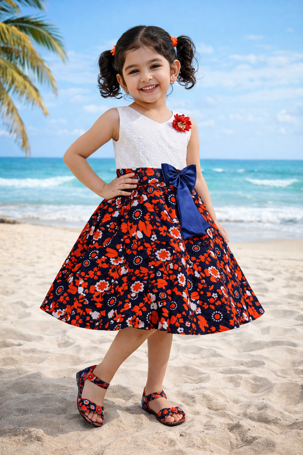 Girls White & Red Floral Cotton Dress with Navy Satin Bow - Wish Karo