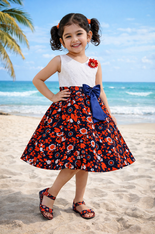 Girls White & Red Floral Cotton Dress with Navy Satin Bow - Wish Karo