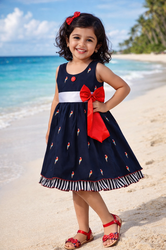 Girls Cotton Printed Party Wear Dress with Bow Belt – Soft, Stylish & Comfortable - Wish Karo
